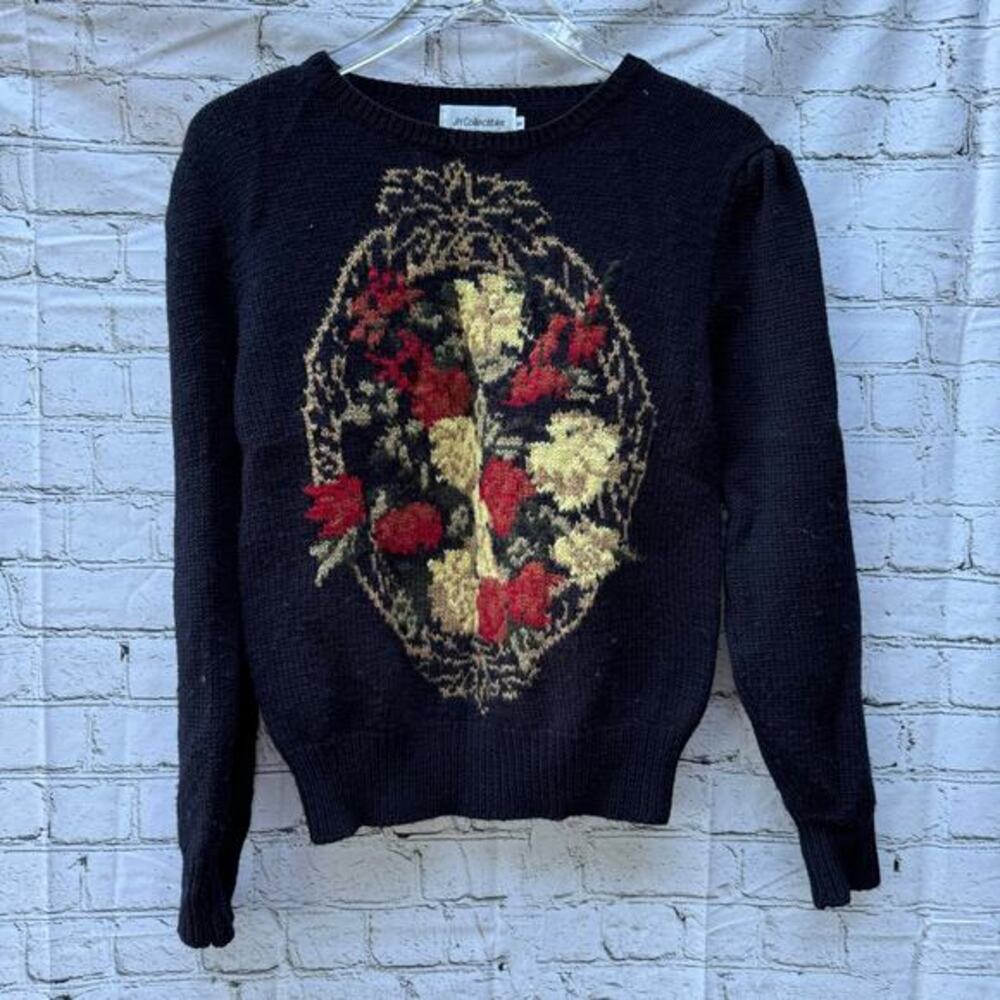 Vintage Sweater JH Collection 100% Wool Knit Fall Small‎ Floral Black 1980s
